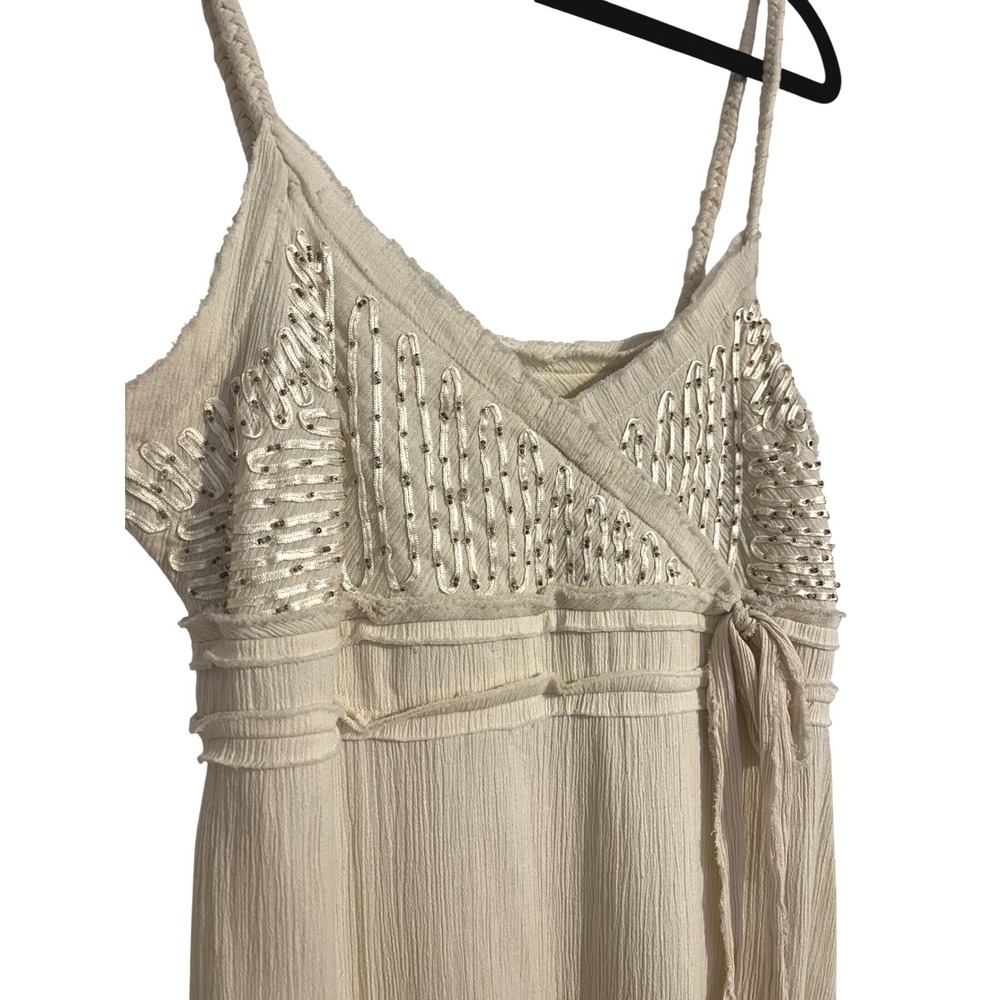 VTG Y2K Old Navy Cream Beaded Neutral Braided Faux Wrap Midi Dress Size 8 Medium - Picture 3 of 9